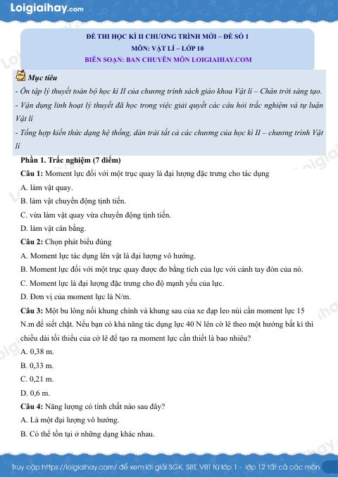 Đề thi học kì 2 Vật lí 10 Chân trời sáng tạo - Đề số 1